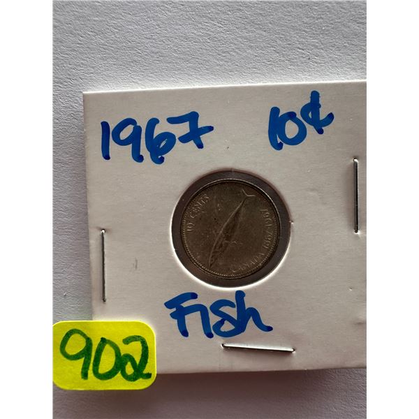 1967 Canadian silver centennial 10 cent coin featuring a mackerel