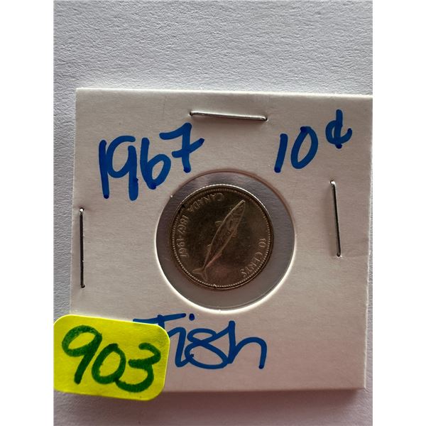 1967 Canadian silver centennial 10 cent coin featuring a mackerel