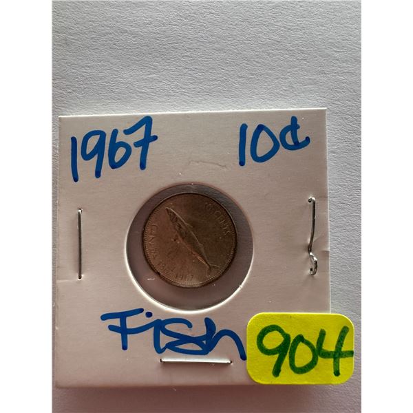 1967 Canadian silver centennial 10 cent coin featuring a mackerel