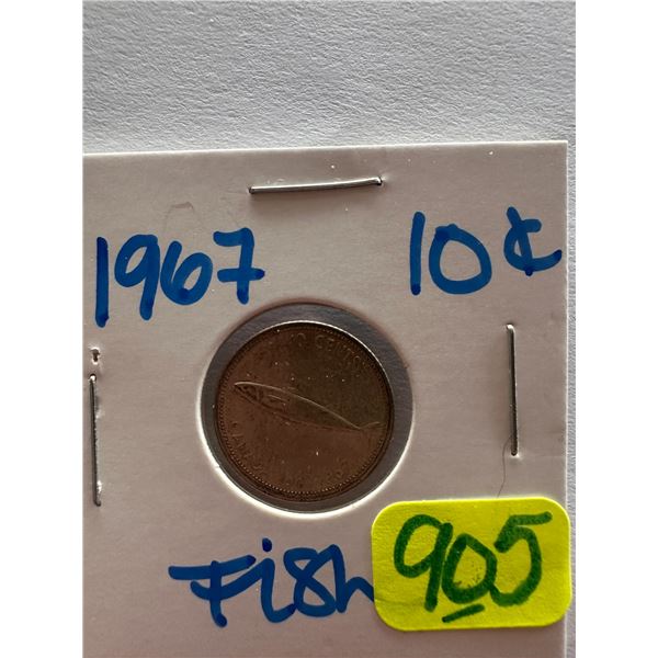 1967 Canadian silver centennial 10 cent coin featuring a mackerel
