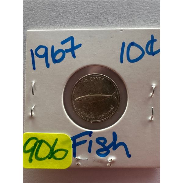 1967 Canadian silver centennial 10 cent coin featuring a mackerel