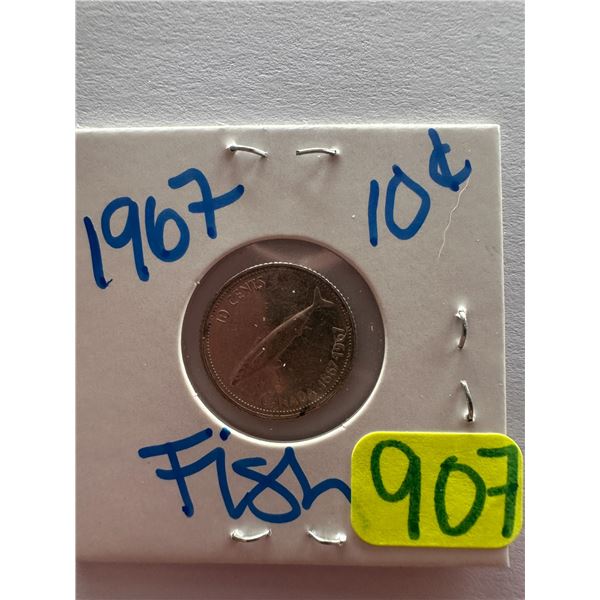 1967 Canadian silver centennial 10 cent coin featuring a mackerel