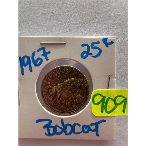 1967 Canadian silver centennial 25 cent coin featuring a Bobcat