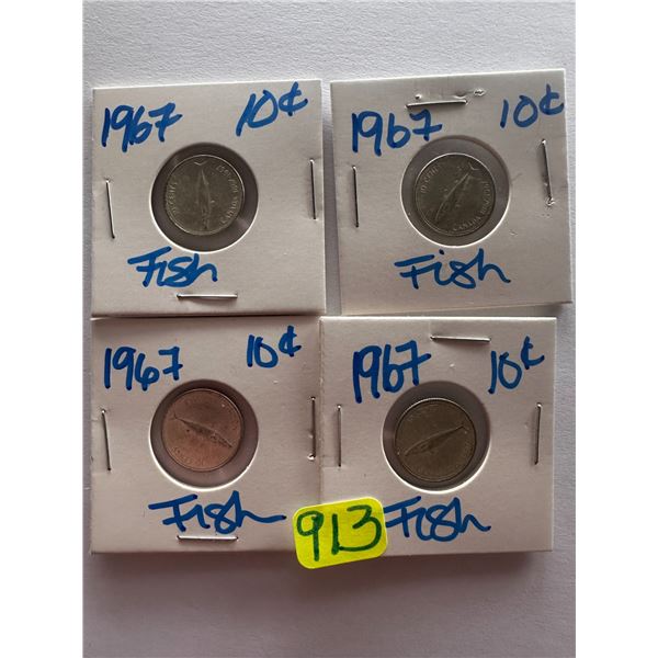 4- 1967 Canadian silver centennial 10 cent coins featuring a mackerel
