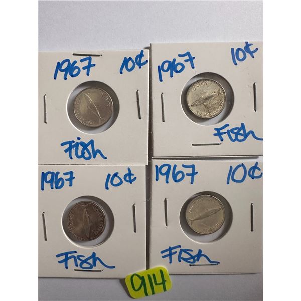 4- 1967 Canadian silver centennial 10 cent coins featuring a mackerel