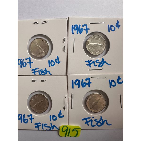 4- 1967 Canadian silver centennial 10 cent coins featuring a mackerel