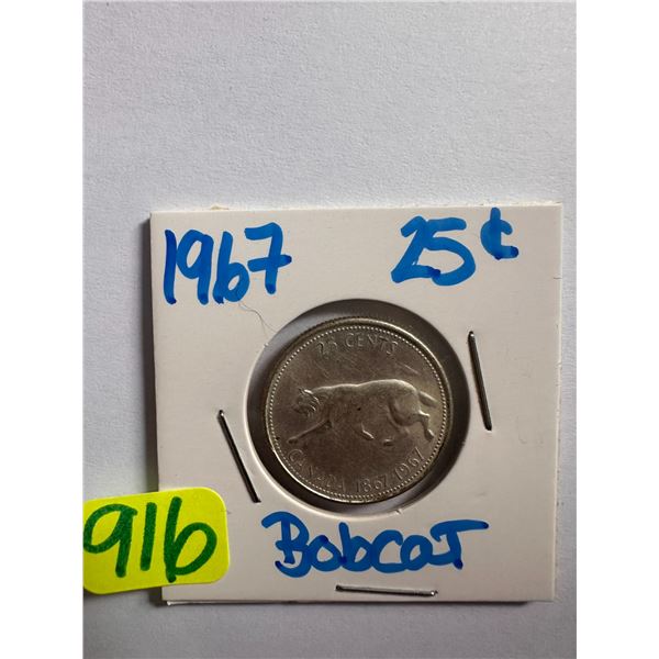 1967 Canadian silver centennial 25 cent coin featuring a Bobcat