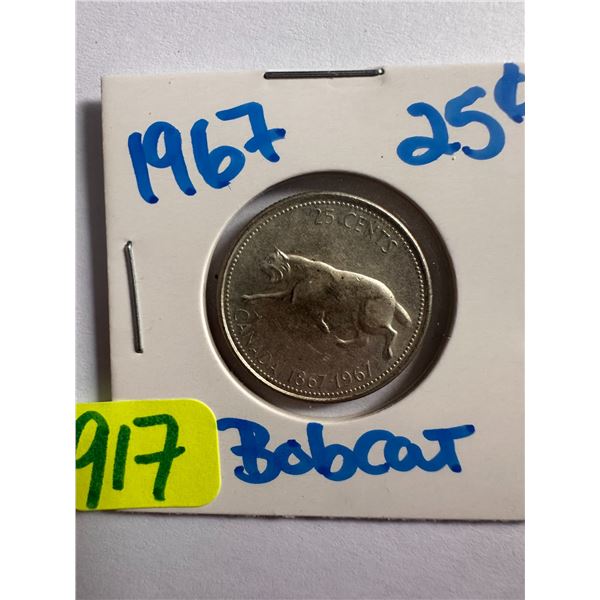1967 Canadian silver centennial 25 cent coin featuring a Bobcat