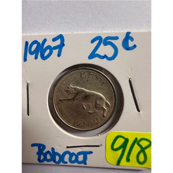 1967 Canadian silver centennial 25 cent coin featuring a Bobcat