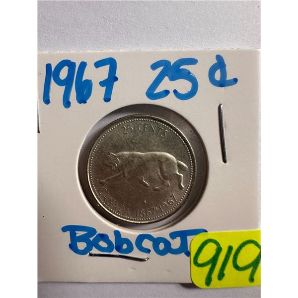 1967 Canadian silver centennial 25 cent coin featuring a Bobcat