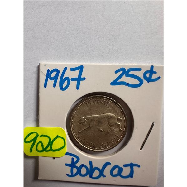 1967 Canadian silver centennial 25 cent coin featuring a Bobcat
