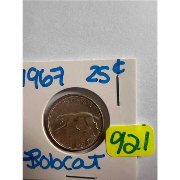 1967 Canadian silver centennial 25 cent coin featuring a Bobcat
