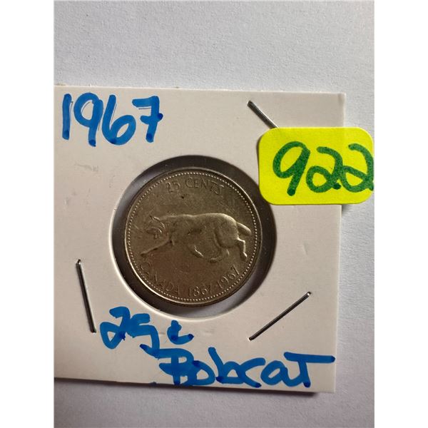 1967 Canadian silver centennial 25 cent coin featuring a Bobcat