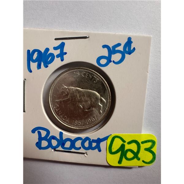 1967 Canadian silver centennial 25 cent coin featuring a Bobcat