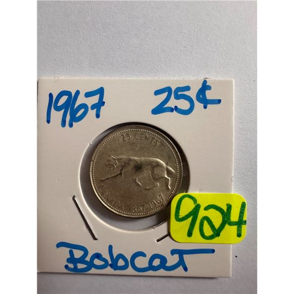 1967 Canadian silver centennial 25 cent coin featuring a Bobcat