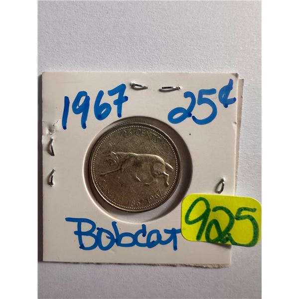 1967 Canadian silver centennial 25 cent coin featuring a Bobcat