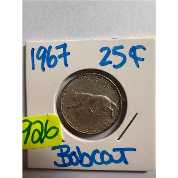 1967 Canadian silver centennial 25 cent coin featuring a Bobcat