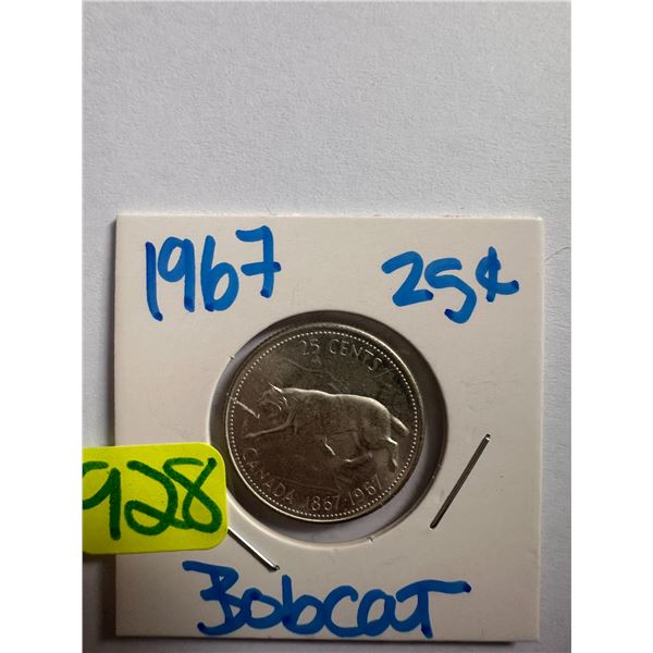 1967 Canadian silver centennial 25 cent coin featuring a Bobcat