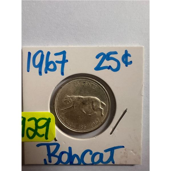 1967 Canadian silver centennial 25 cent coin featuring a Bobcat