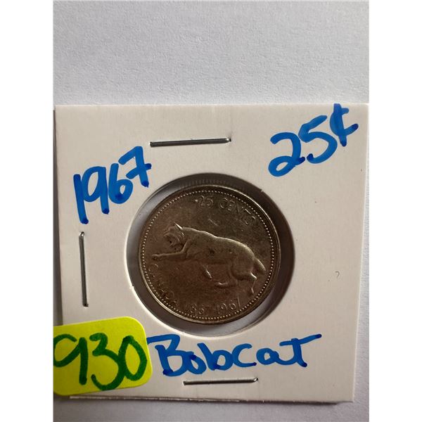 1967 Canadian silver centennial 25 cent coin featuring a Bobcat