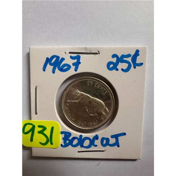 1967 Canadian silver centennial 25 cent coin featuring a Bobcat