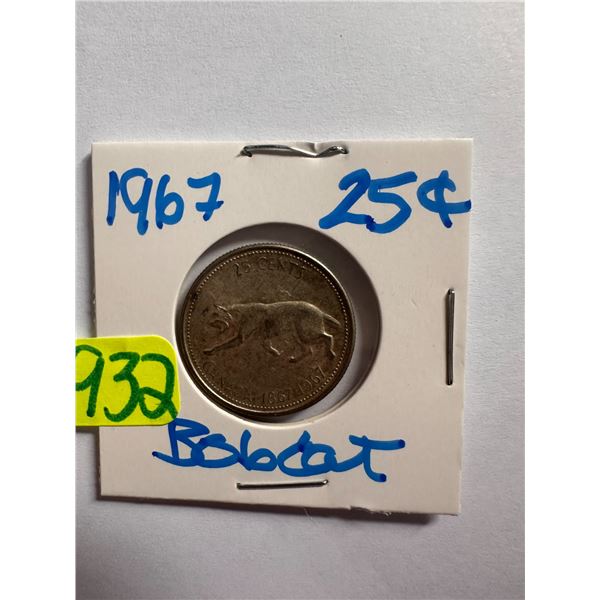 1967 Canadian silver centennial 25 cent coin featuring a Bobcat