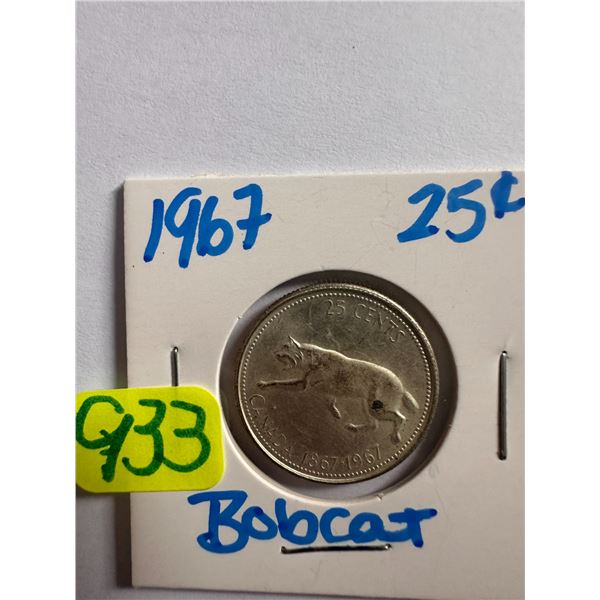 1967 Canadian silver centennial 25 cent coin featuring a Bobcat