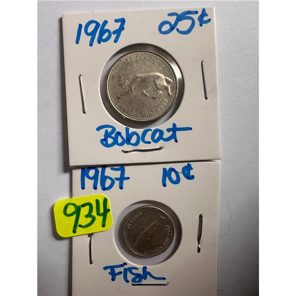 1967 Canadian silver centennial 25 cent coin featuring a Bobcat and a 7 Canadian silver centennial 1
