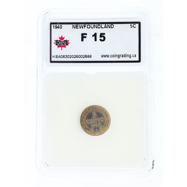 1940 NFLD. Silver Five Cents F15 KSA Slab