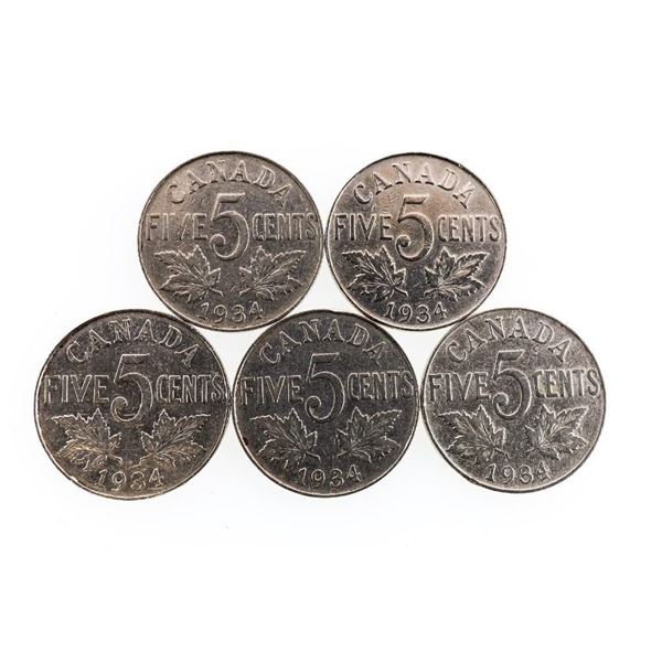 Lot 5 x 1934 Canada Five Cents