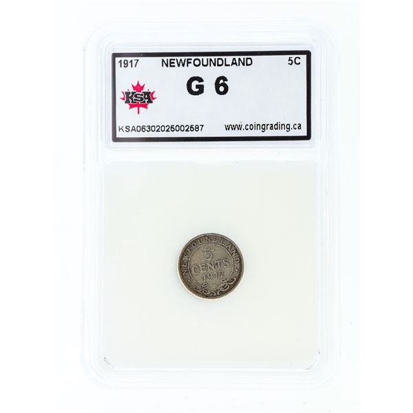 1917 NFLD Silver 5 Cents G6 KSA Slab