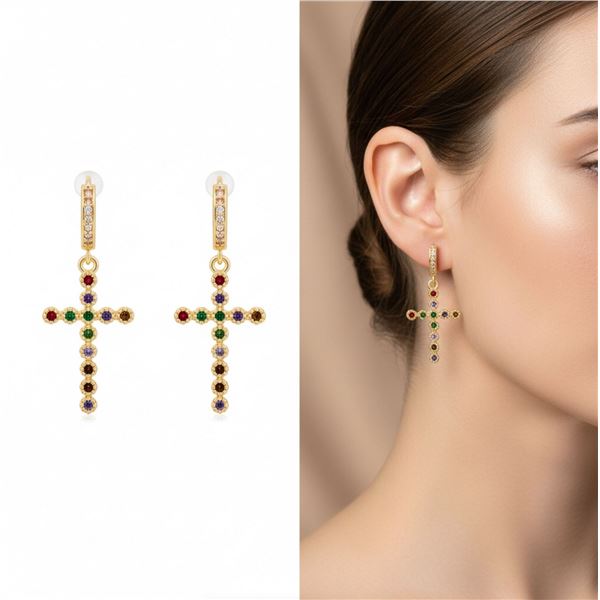 18kt Gold Layered Oro Laminado Dangle Cross Earrin
