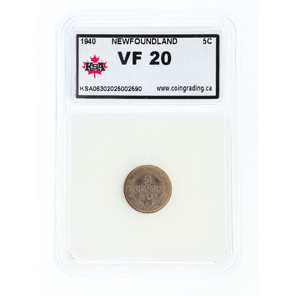 1940 NFLD Silver Fice Cents VF20 KSA Slab
