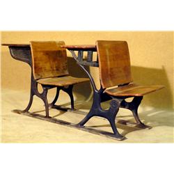 Pair of Two Antique Wooden School Desks 