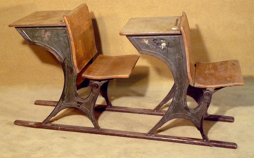 Two Antique Cast Iron School Desks