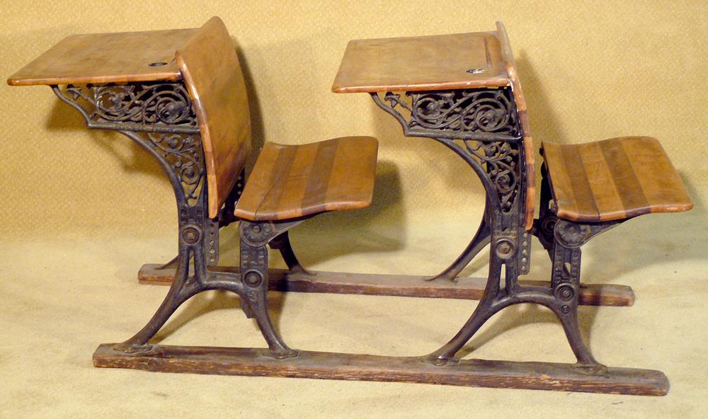 Two Antique Ornate Cast Iron School Desks