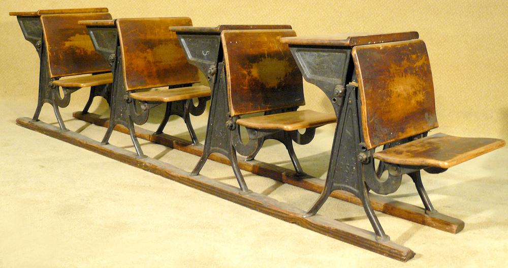 Four Antique Wrought Iron School Desks