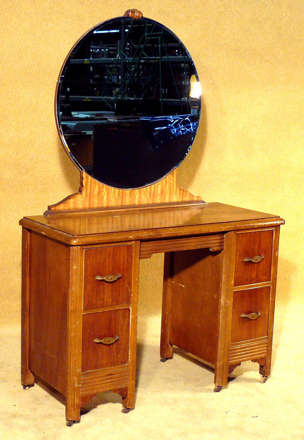 1930s Two Tone Art Deco Vanity With Round Cobalt Mirror