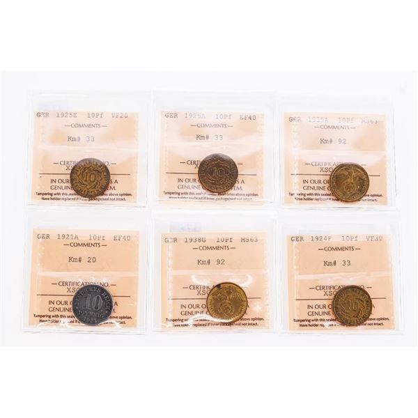 Group of 6 Germany 10 PF Coins -ICCS
