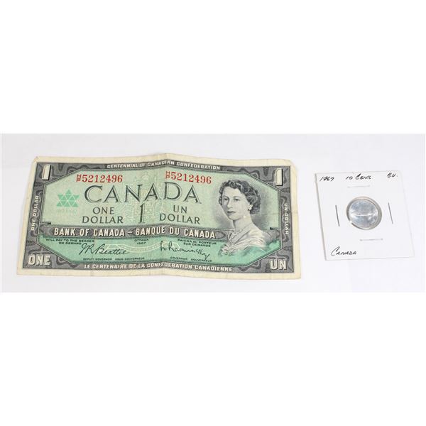 1967 CANADA 10 CENT WITH 1967 DOLLAR BILL