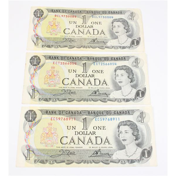1 SET 3 - $1.00 1973 CANADIAN BILLS, CARD