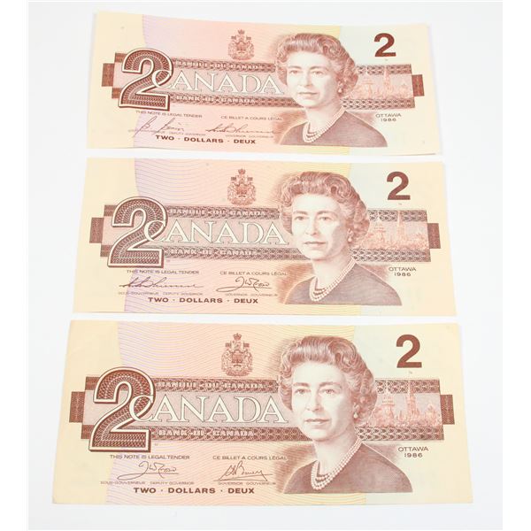 1 SET 3 - $2.00 1986 CANADIAN BILLS, CARD #99.