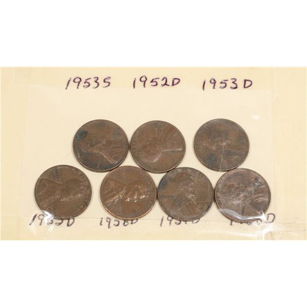 1 SET 7 - 1953 - 1958 ONE CENT US COINS, CARD