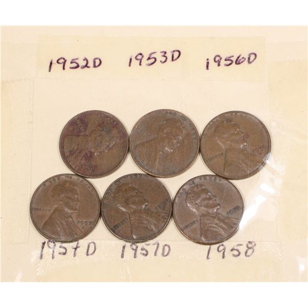 1 SET 6 - 1952 - 1958 ONE CENT US COINS, CARD
