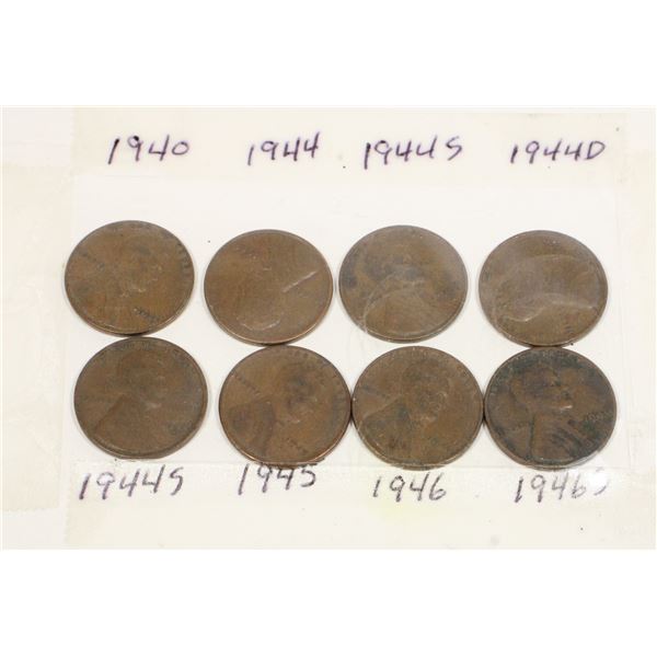 1 SET 8 - 1940 - 1946 ONE CENT US COINS, CARD