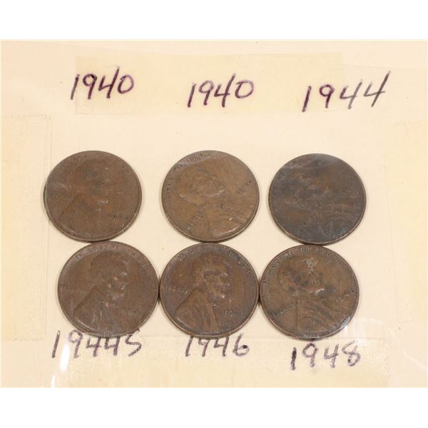 1 SET 6 - 1940 - 1948 ONE CENT US COINS, CARD