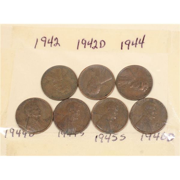 1 SET 7 - 1942 - 1946 ONE CENT US COINS, CARD
