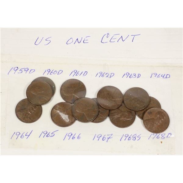 1 SET 12 - 1959 - 1968 ONE CENT US COINS, CARD