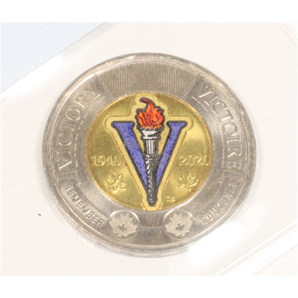 1945 - 2020 VICTORY $2.00 CANADIAN COIN, COLOURS.