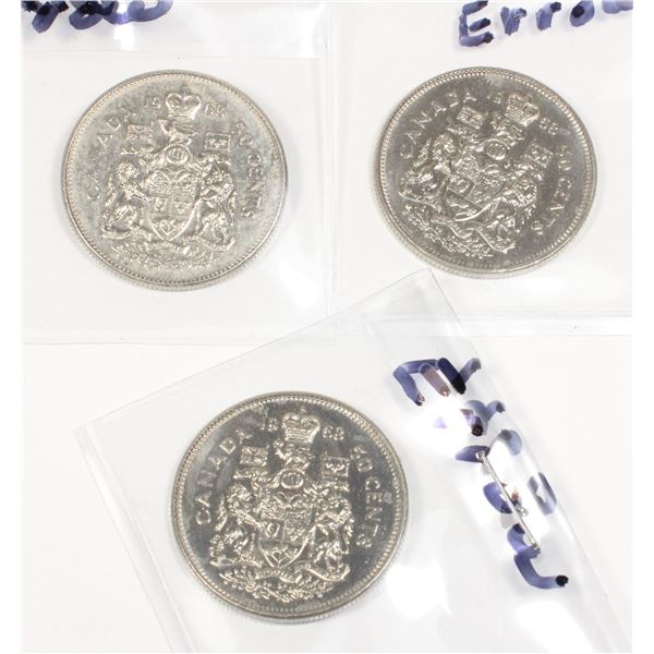 1 SET 3 - 1968 .50 CENT 'ERROR' CANADIAN COINS-
